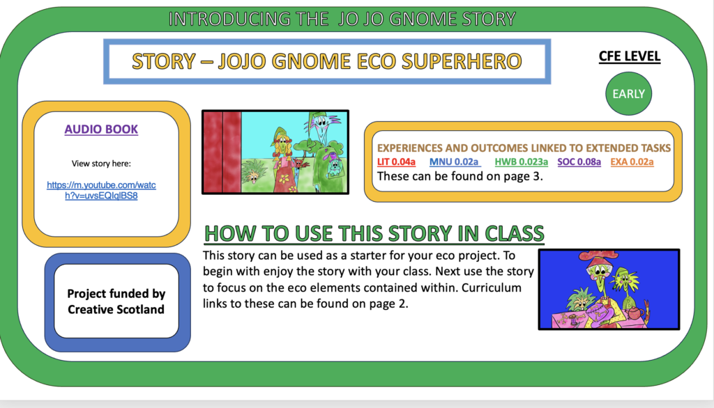 A description of the first page of the notes from teachers notes from the story 'JoJo Gnome Eco Superhero". Apply to ojognome@gmail .com for a copy